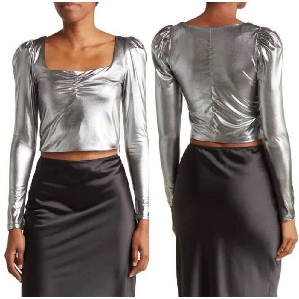 Torn By Ronny Kobo Selina Matallic Long Sleeve Crop Top In Silver Sz XS